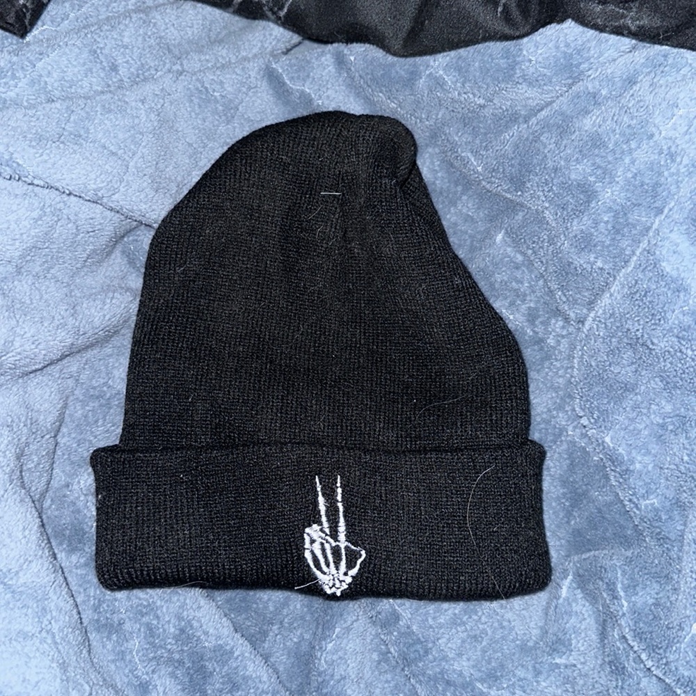 skeleton hand peace sign beanie